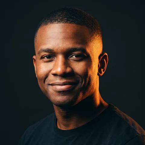 Studio portrait of Theo, a friendly upbeat FirstHire persona (AI-generated, synthetic).