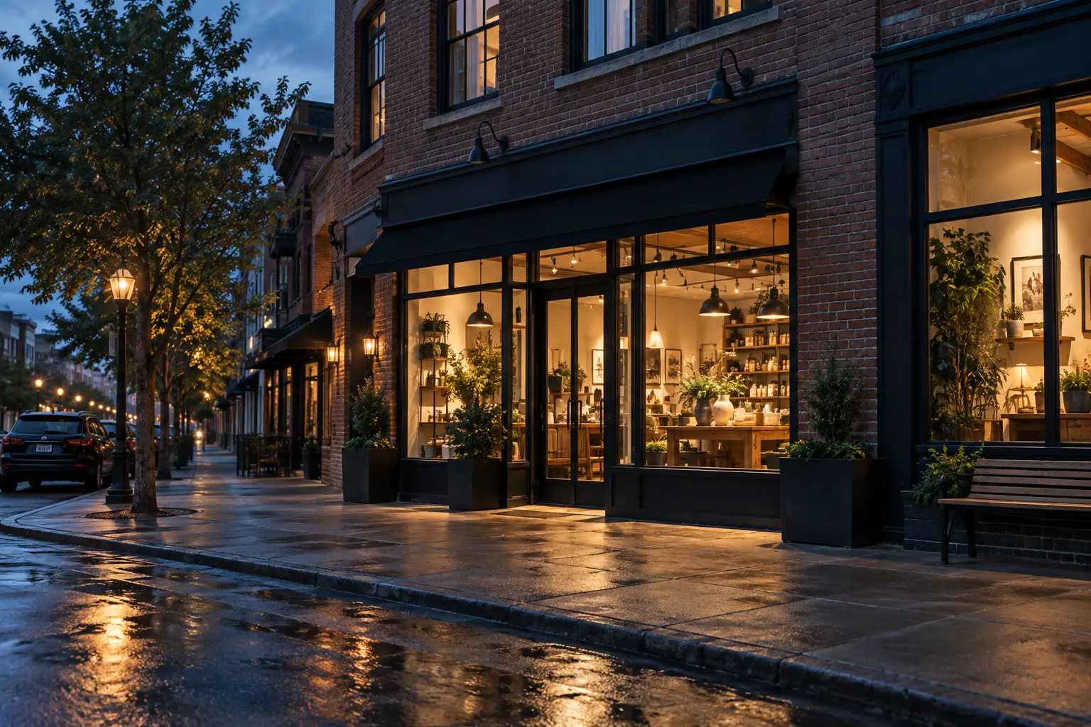 Illustrative modern storefront with warm lights at dusk
