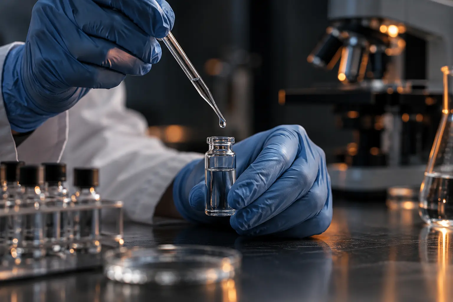 Illustrative gloved hands performing precision laboratory work